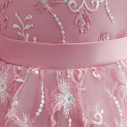 Princess Pink Satin Back Zip Baptism Sequins Floor Length Short Sleeve Cap Sleeve Round Flower Girl Dress