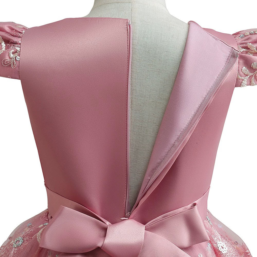 Princess Pink Satin Back Zip Baptism Sequins Floor Length Short Sleeve Cap Sleeve Round Flower Girl Dress