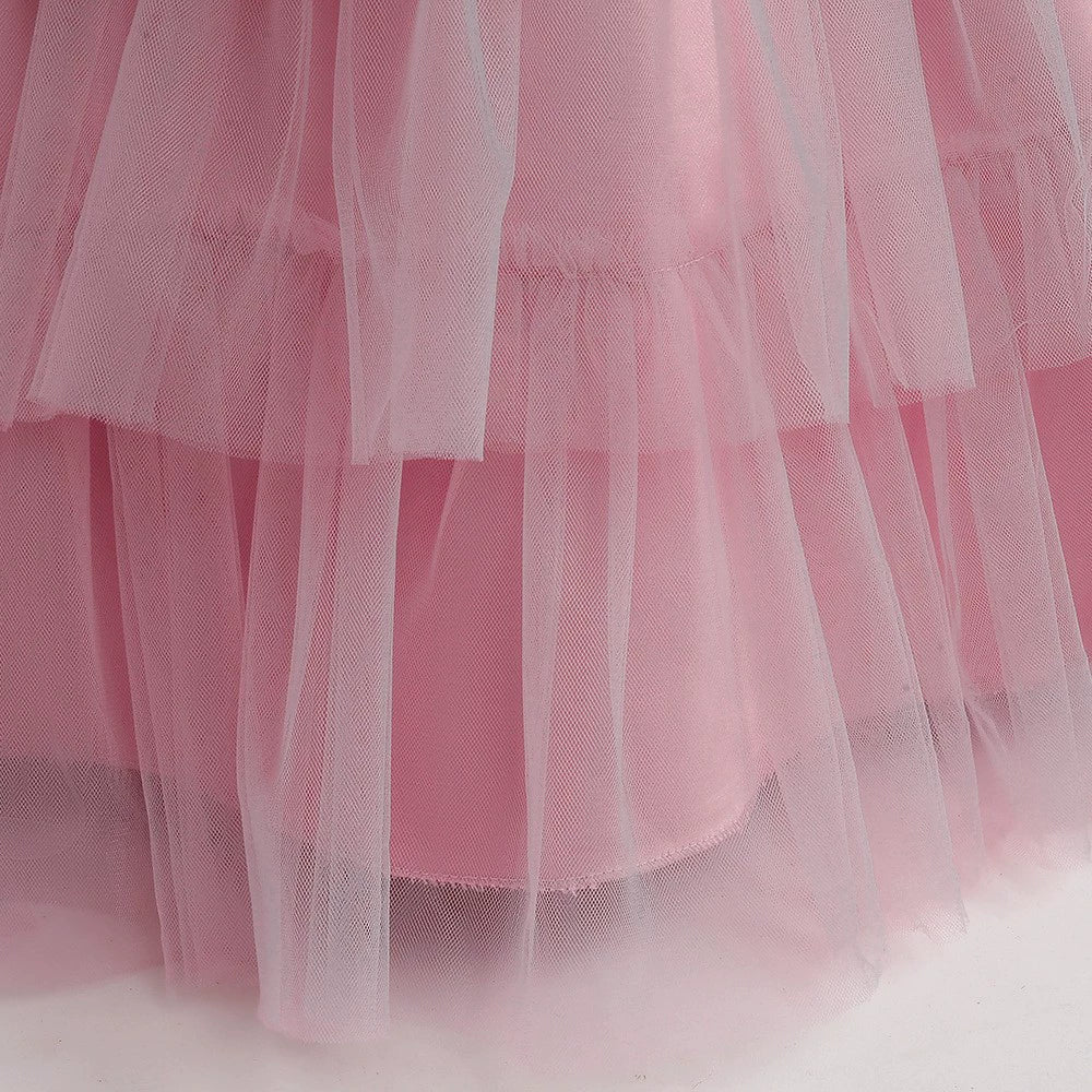Princess Pink Satin Back Zip Baptism Sequins Floor Length Short Sleeve Cap Sleeve Round Flower Girl Dress