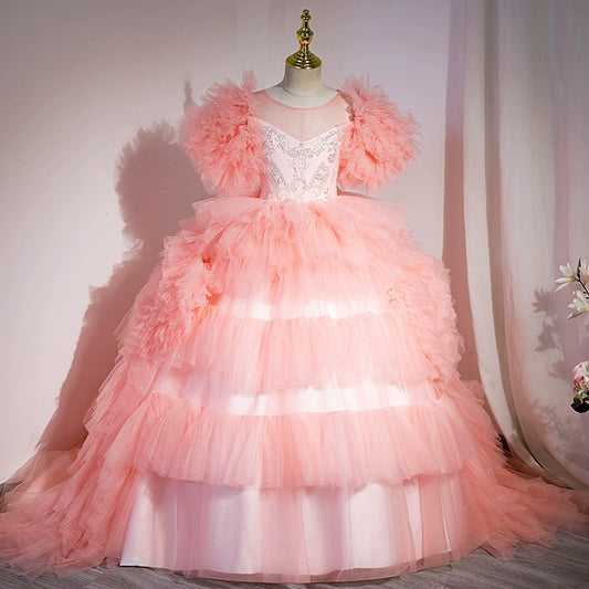 Princess Pink Satin Crossed Straps Baptism Lace Floor Length Short Sleeve Cap Sleeve Round Flower Girl Dress