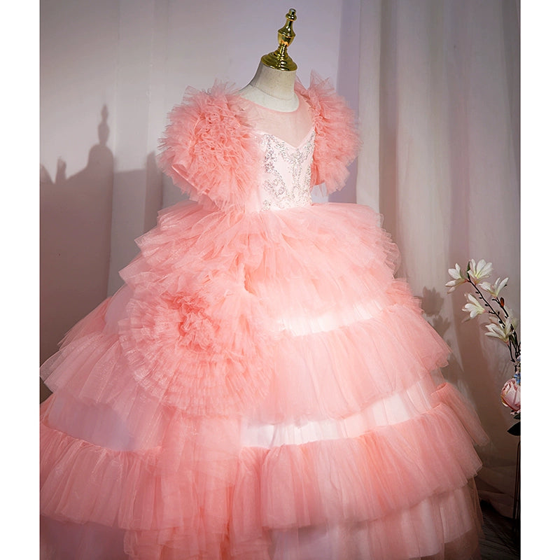 Princess Pink Satin Crossed Straps Baptism Lace Floor Length Short Sleeve Cap Sleeve Round Flower Girl Dress