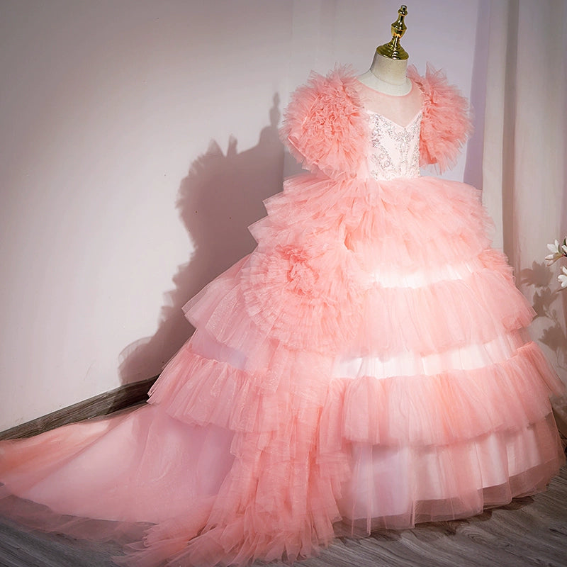 Princess Pink Satin Crossed Straps Baptism Lace Floor Length Short Sleeve Cap Sleeve Round Flower Girl Dress