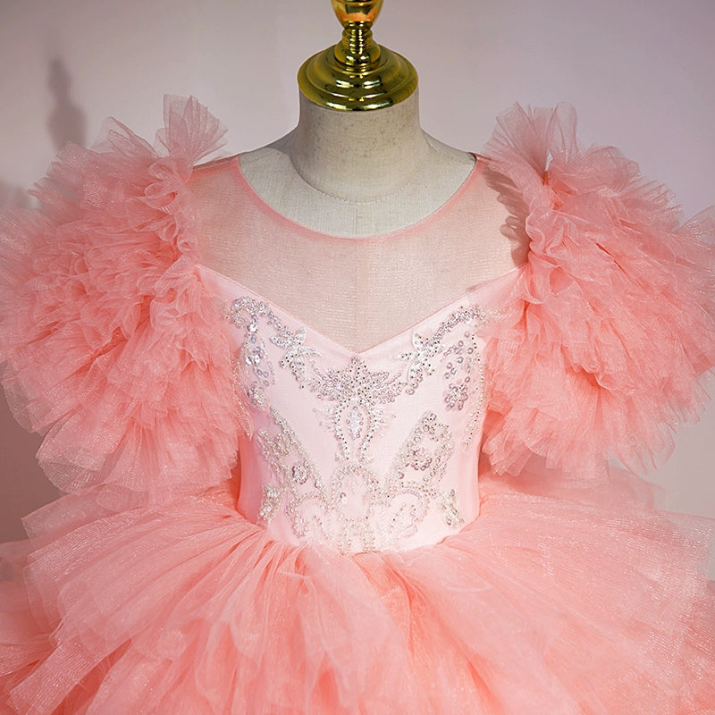 Princess Pink Satin Crossed Straps Baptism Lace Floor Length Short Sleeve Cap Sleeve Round Flower Girl Dress