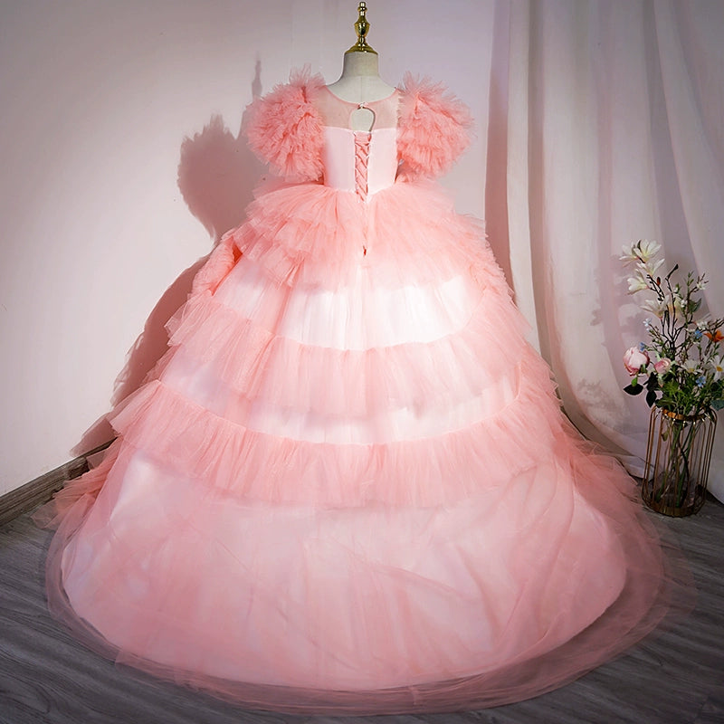 Princess Pink Satin Crossed Straps Baptism Lace Floor Length Short Sleeve Cap Sleeve Round Flower Girl Dress