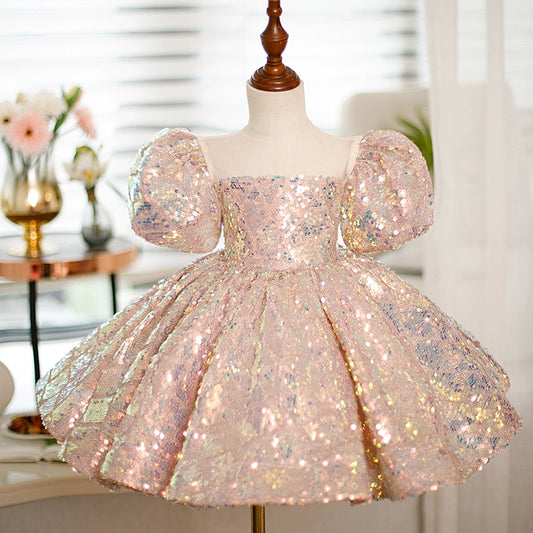 Princess Pink Sequined Back Zip Baptism Sequins Tea Length Short Sleeve Puff Sleeve Square Flower Girl Dress