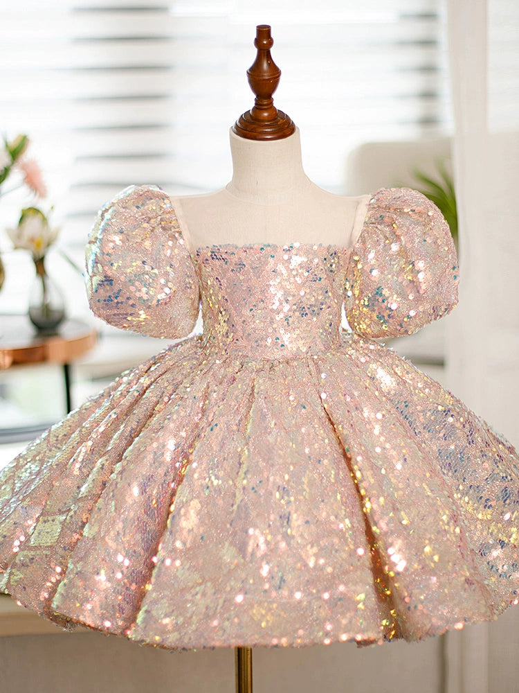 Princess Pink Sequined Back Zip Baptism Sequins Tea Length Short Sleeve Puff Sleeve Square Flower Girl Dress