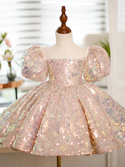 Princess Pink Sequined Back Zip Baptism Sequins Tea Length Short Sleeve Puff Sleeve Square Flower Girl Dress