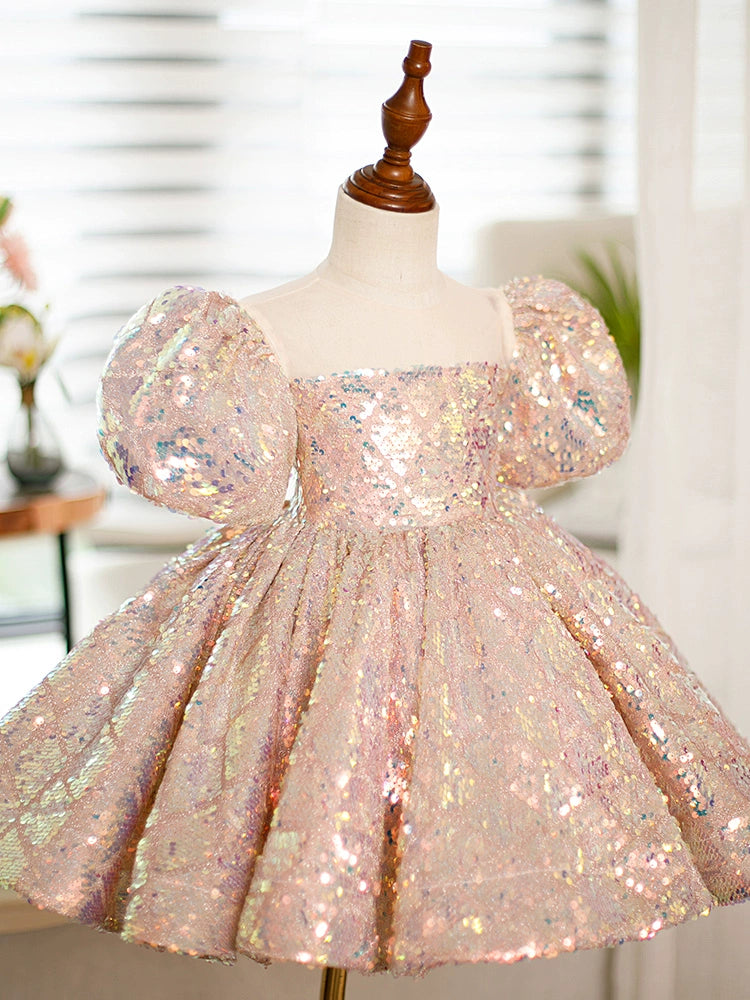 Princess Pink Sequined Back Zip Baptism Sequins Tea Length Short Sleeve Puff Sleeve Square Flower Girl Dress