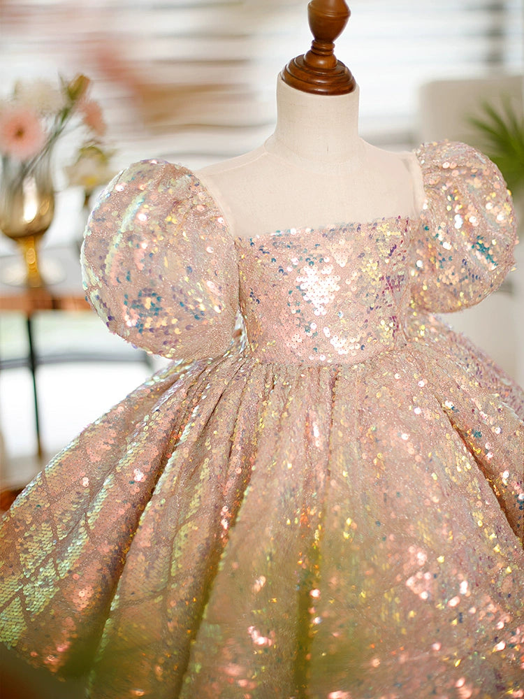 Princess Pink Sequined Back Zip Baptism Sequins Tea Length Short Sleeve Puff Sleeve Square Flower Girl Dress