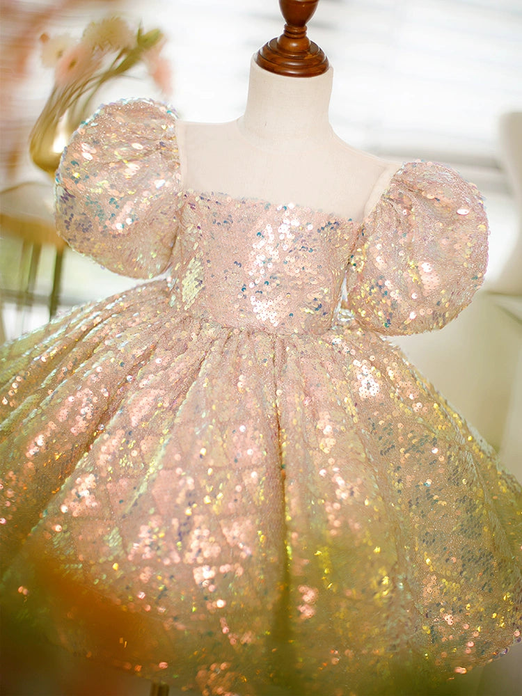 Princess Pink Sequined Back Zip Baptism Sequins Tea Length Short Sleeve Puff Sleeve Square Flower Girl Dress