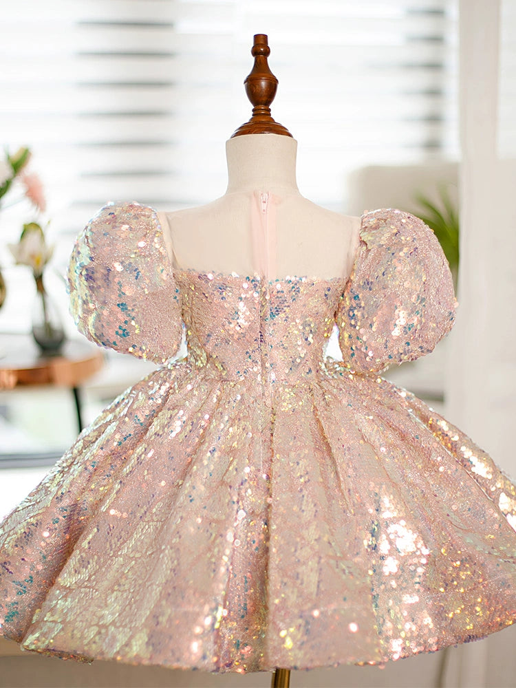 Princess Pink Sequined Back Zip Baptism Sequins Tea Length Short Sleeve Puff Sleeve Square Flower Girl Dress