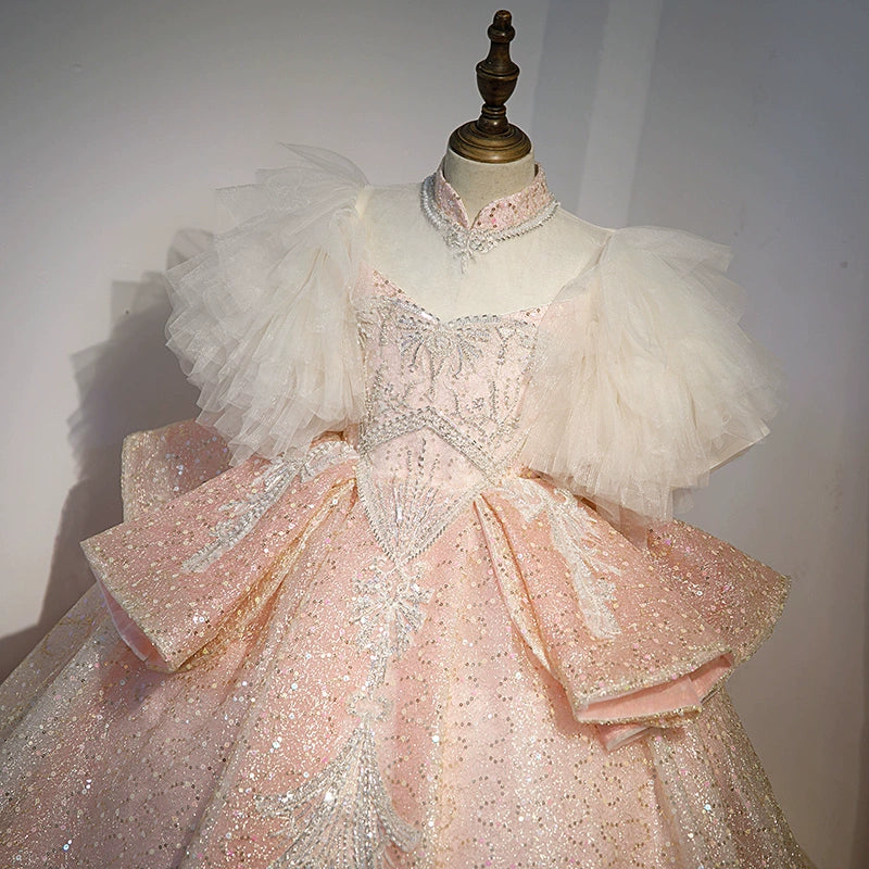 Princess Pink Sequined Crossed Straps Baptism Beaded Floor Length Short Sleeve Cap Sleeve Sweetheart Flower Girl Dress