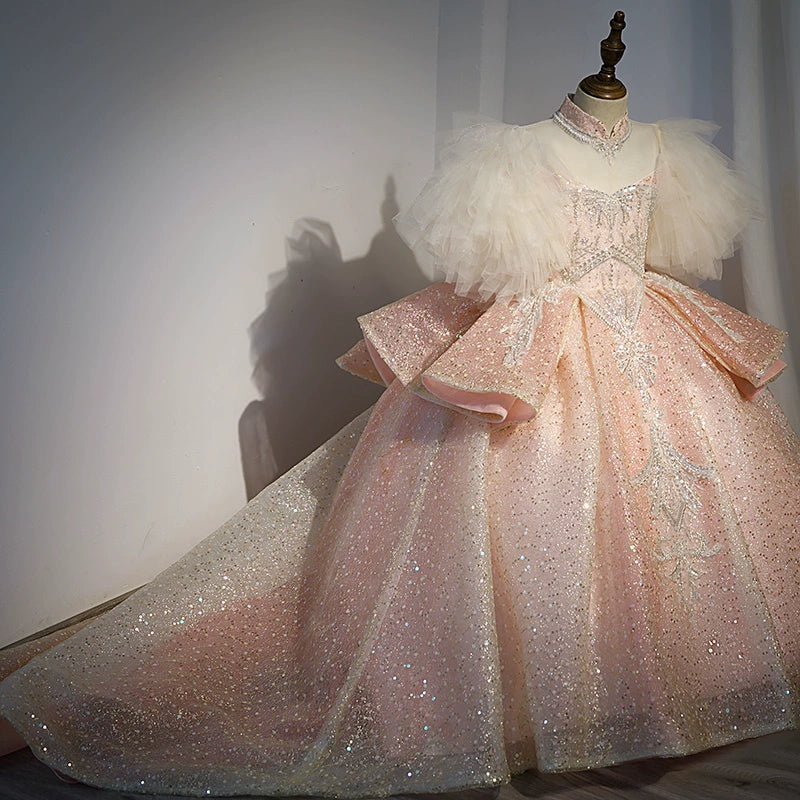 Princess Pink Sequined Crossed Straps Baptism Beaded Floor Length Short Sleeve Cap Sleeve Sweetheart Flower Girl Dress