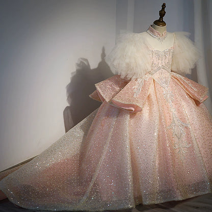 Princess Pink Sequined Crossed Straps Baptism Beaded Floor Length Short Sleeve Cap Sleeve Sweetheart Flower Girl Dress