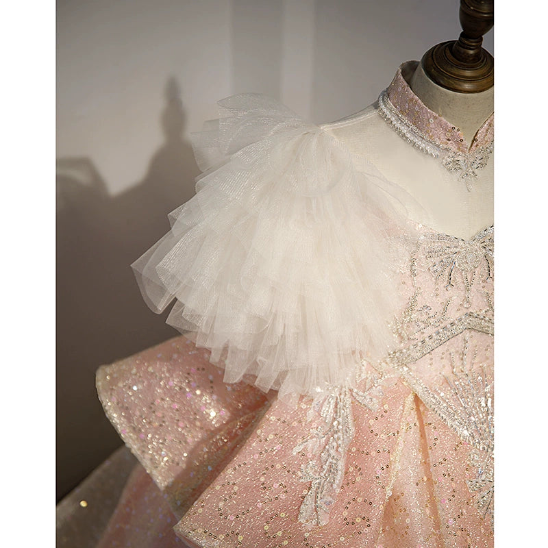 Princess Pink Sequined Crossed Straps Baptism Beaded Floor Length Short Sleeve Cap Sleeve Sweetheart Flower Girl Dress