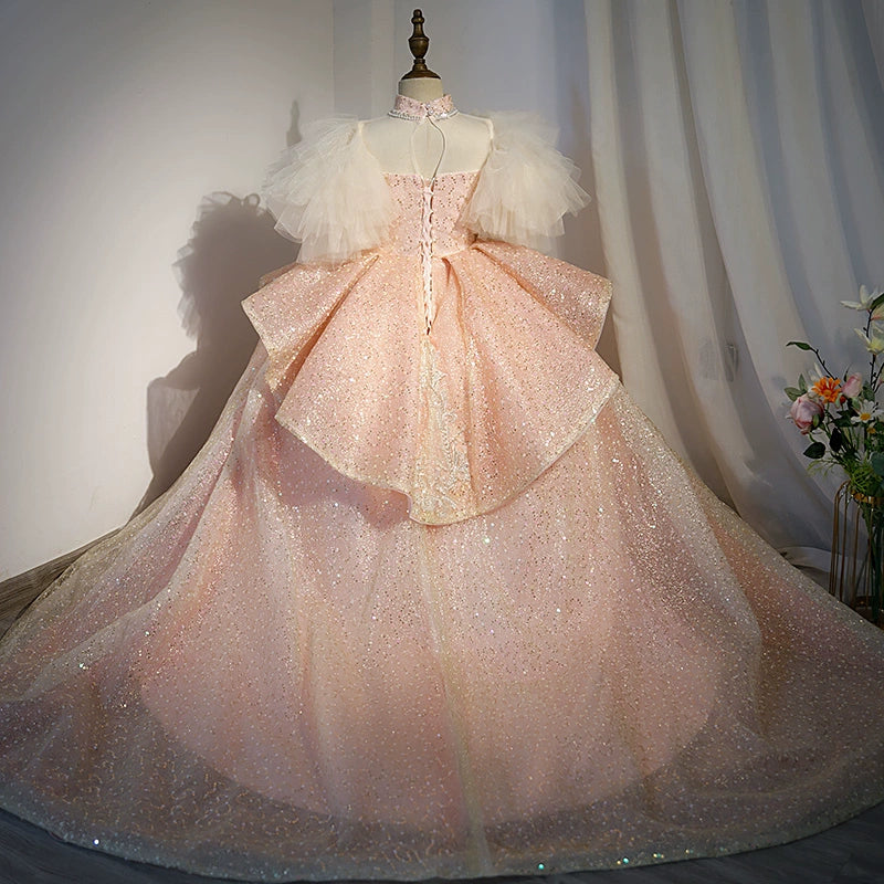 Princess Pink Sequined Crossed Straps Baptism Beaded Floor Length Short Sleeve Cap Sleeve Sweetheart Flower Girl Dress