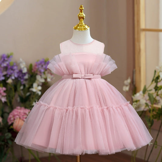 Princess Pink Tulle Back Zip Baptism Bow(s) Tea Length Sleeveless Round Flower Girl Dress