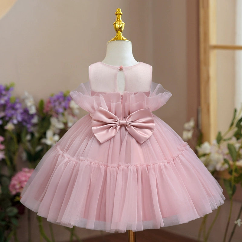Princess Pink Tulle Back Zip Baptism Bow(s) Tea Length Sleeveless Round Flower Girl Dress