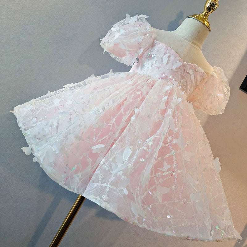Princess Pink Tulle Back Zip Baptism Flower(s) Tea Length Short Sleeve Puff Sleeve Sweetheart Flower Girl Dress
