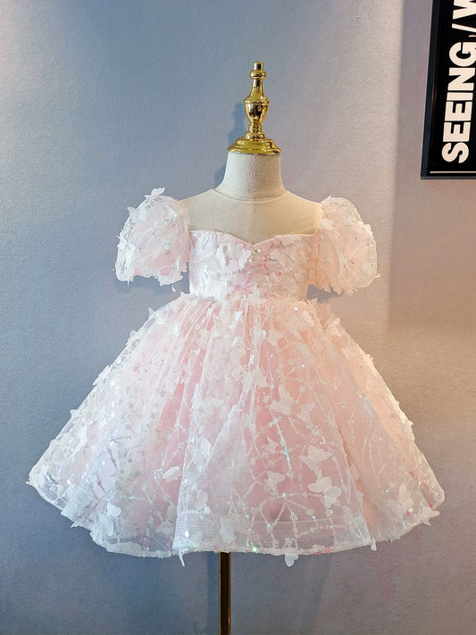 Princess Pink Tulle Back Zip Baptism Flower(s) Tea Length Short Sleeve Puff Sleeve Sweetheart Flower Girl Dress