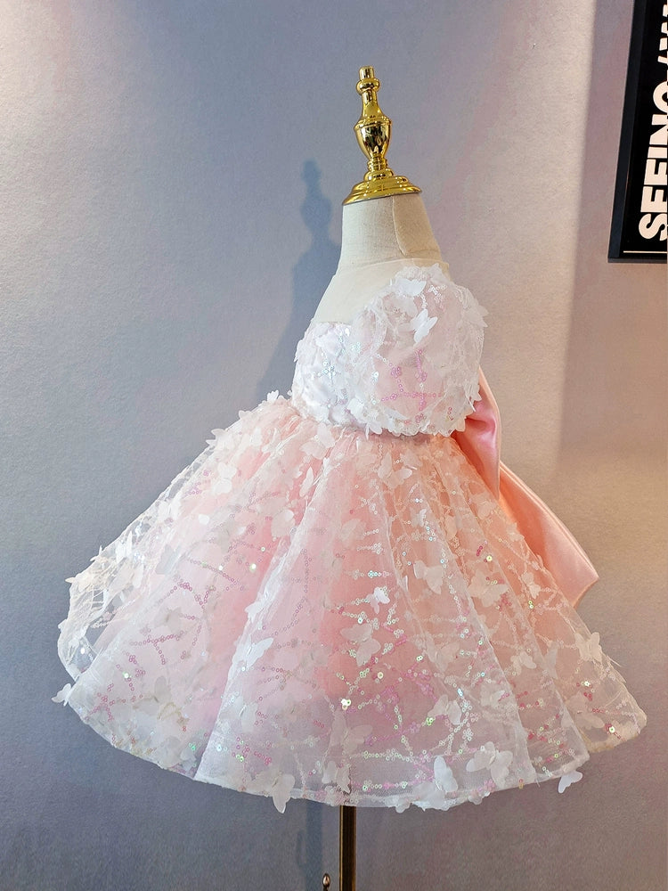 Princess Pink Tulle Back Zip Baptism Flower(s) Tea Length Short Sleeve Puff Sleeve Sweetheart Flower Girl Dress