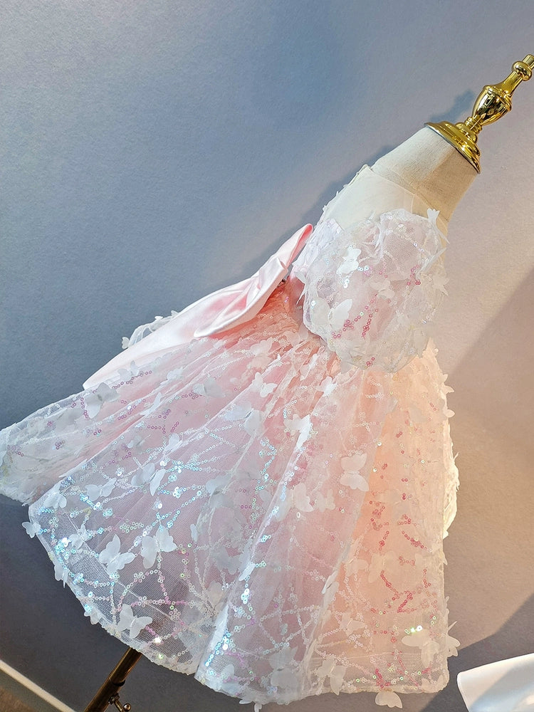 Princess Pink Tulle Back Zip Baptism Flower(s) Tea Length Short Sleeve Puff Sleeve Sweetheart Flower Girl Dress