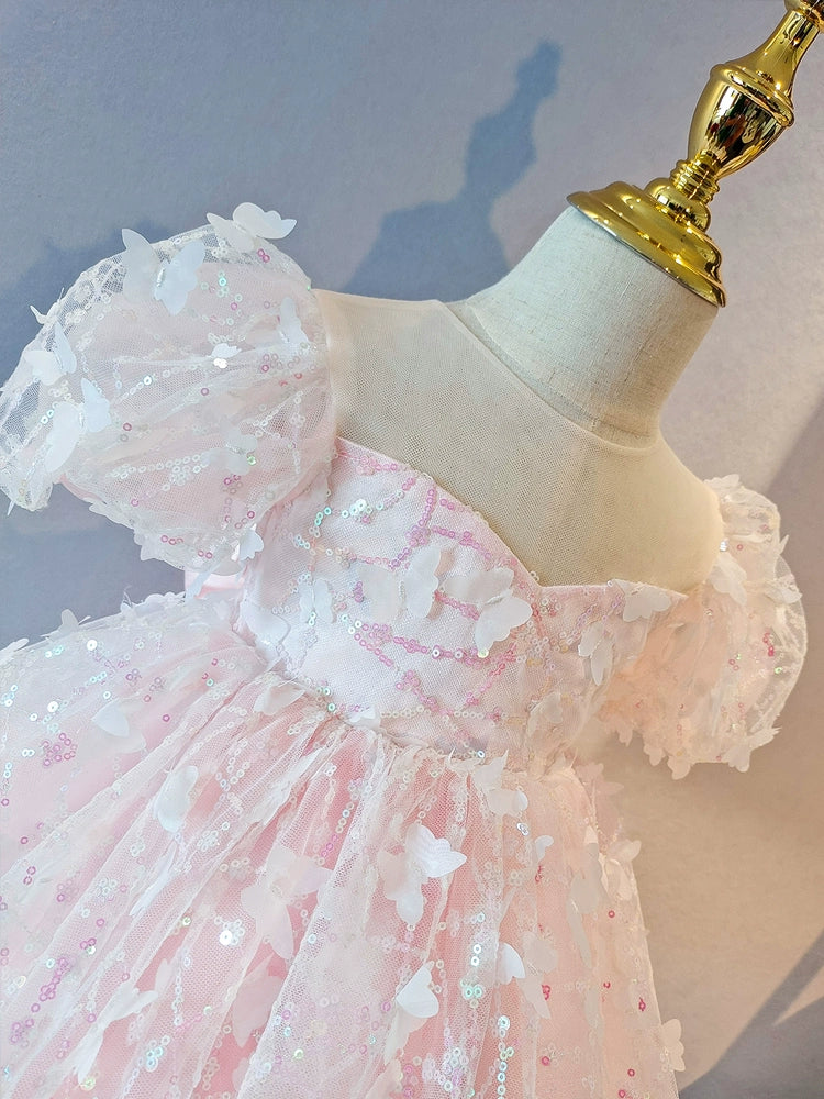 Princess Pink Tulle Back Zip Baptism Flower(s) Tea Length Short Sleeve Puff Sleeve Sweetheart Flower Girl Dress