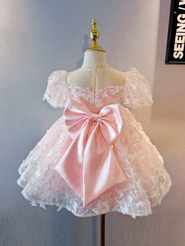 Princess Pink Tulle Back Zip Baptism Flower(s) Tea Length Short Sleeve Puff Sleeve Sweetheart Flower Girl Dress