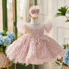 Robe de demoiselle d'honneur en tulle rose à manches rondes de princesse