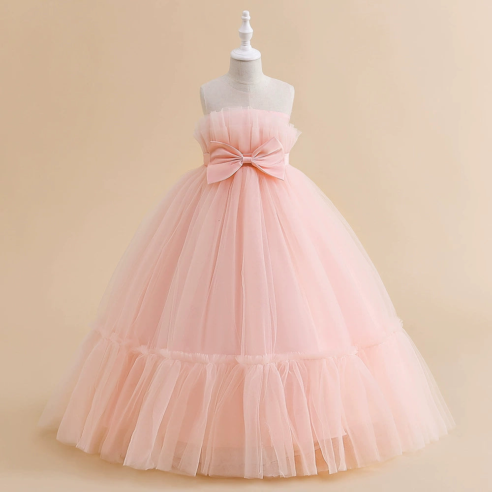 Princess Pink Tulle Back Zip Baptism Pleated Floor Length Sleeveless Round Flower Girl Dress