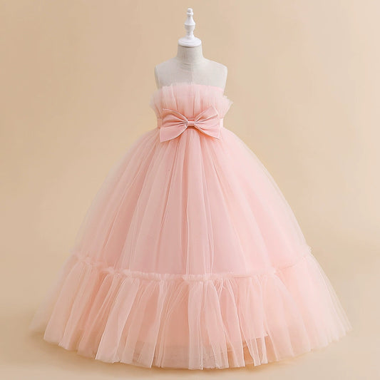 Princess Pink Tulle Back Zip Baptism Pleated Floor Length Sleeveless Round Flower Girl Dress