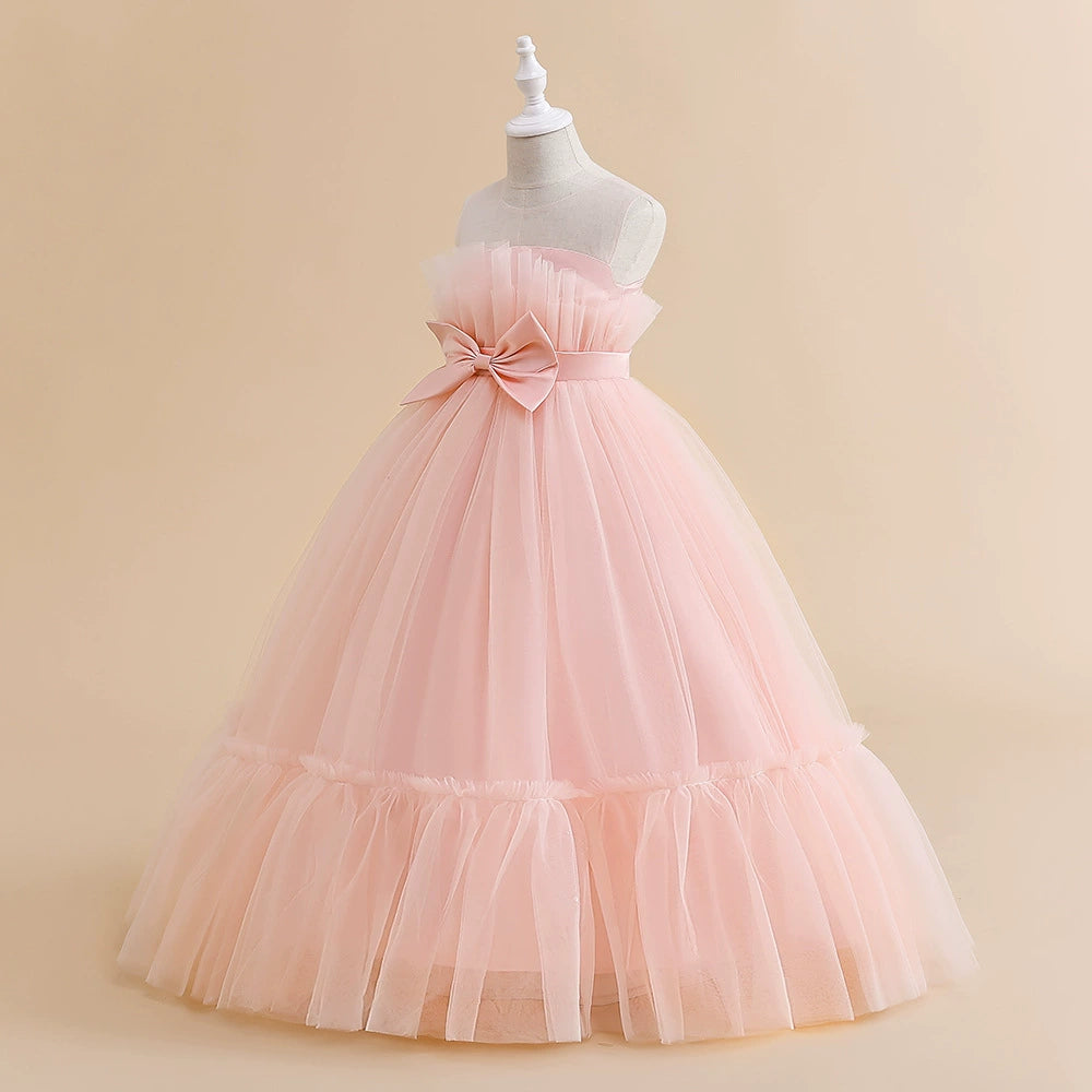 Princess Pink Tulle Back Zip Baptism Pleated Floor Length Sleeveless Round Flower Girl Dress