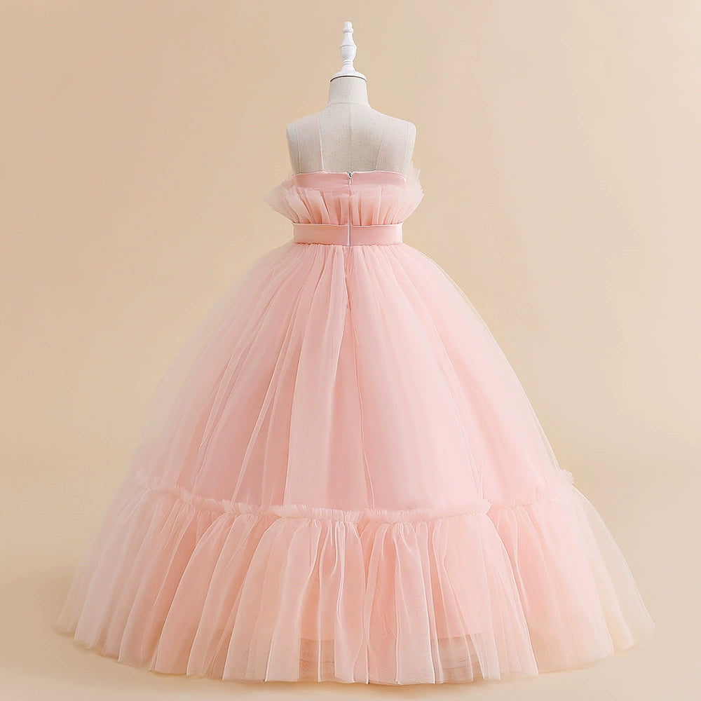 Princess Pink Tulle Back Zip Baptism Pleated Floor Length Sleeveless Round Flower Girl Dress