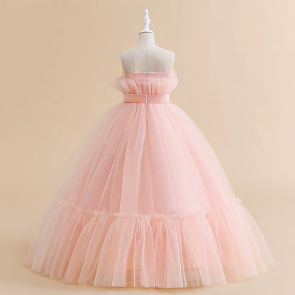Princess Pink Tulle Back Zip Baptism Pleated Floor Length Sleeveless Round Flower Girl Dress