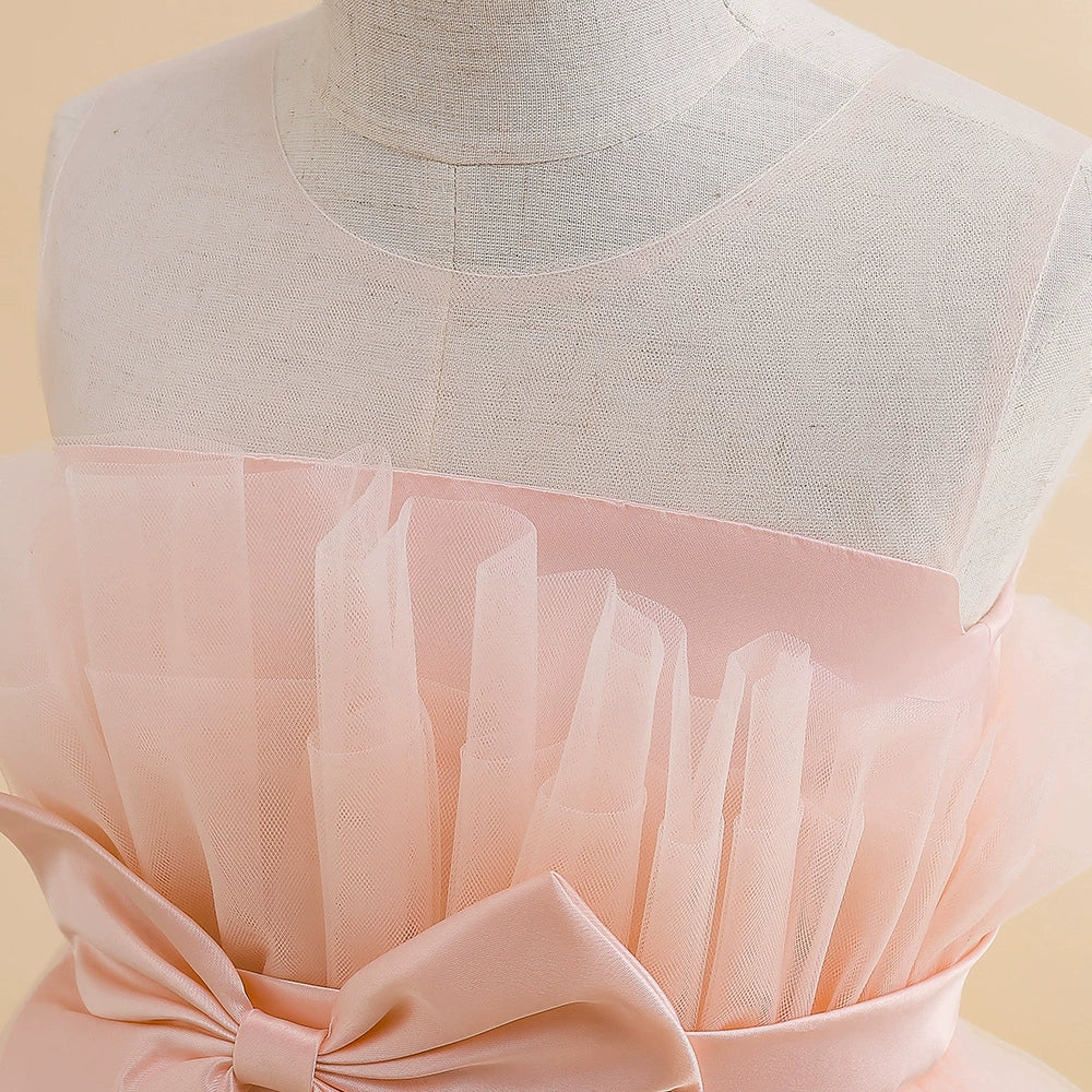 Princess Pink Tulle Back Zip Baptism Pleated Floor Length Sleeveless Round Flower Girl Dress
