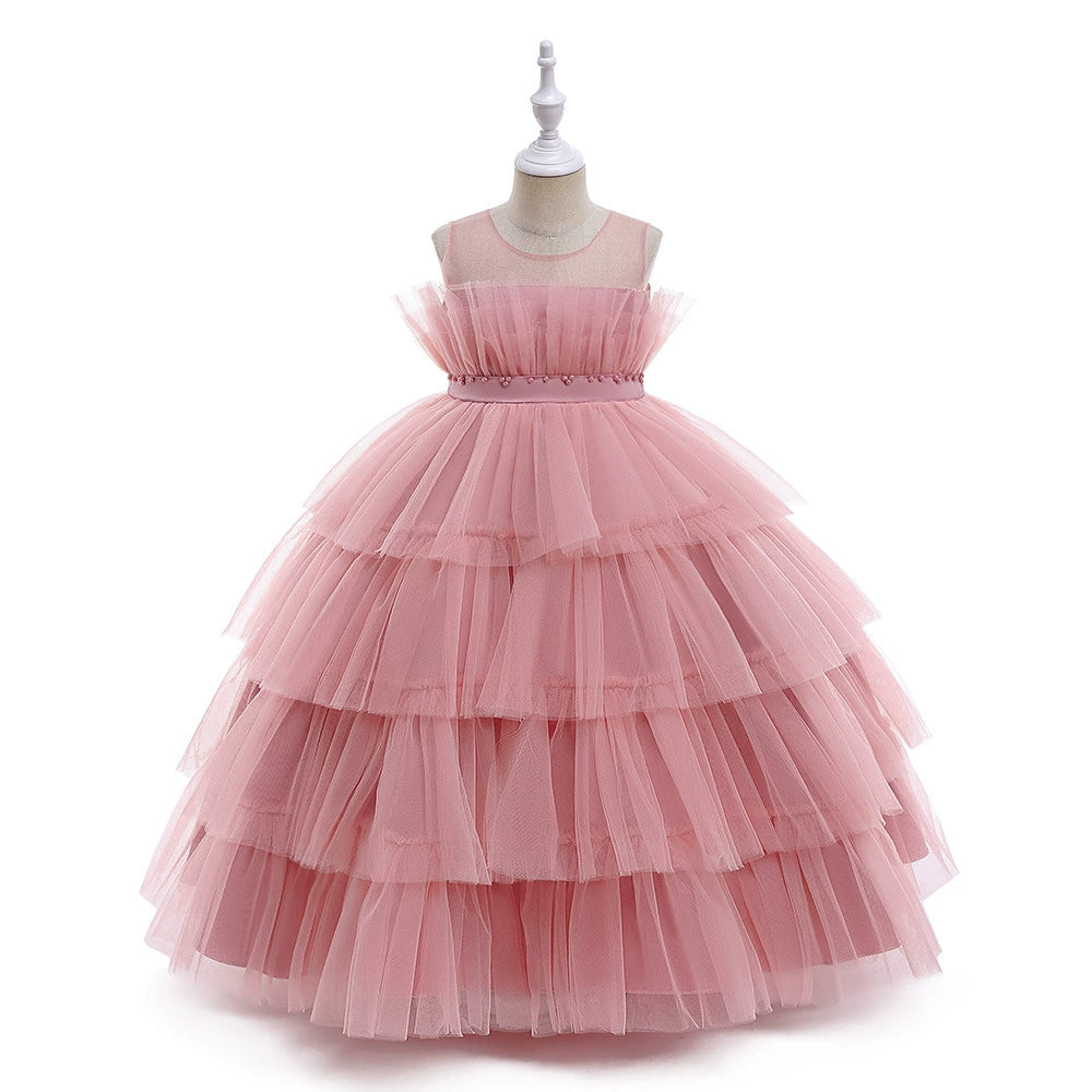 Princess Pink Tulle Back Zip Baptism Pleated Floor Length Sleeveless Round Flower Girl Dress