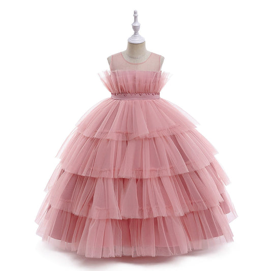 Princess Pink Tulle Back Zip Baptism Pleated Floor Length Sleeveless Round Flower Girl Dress