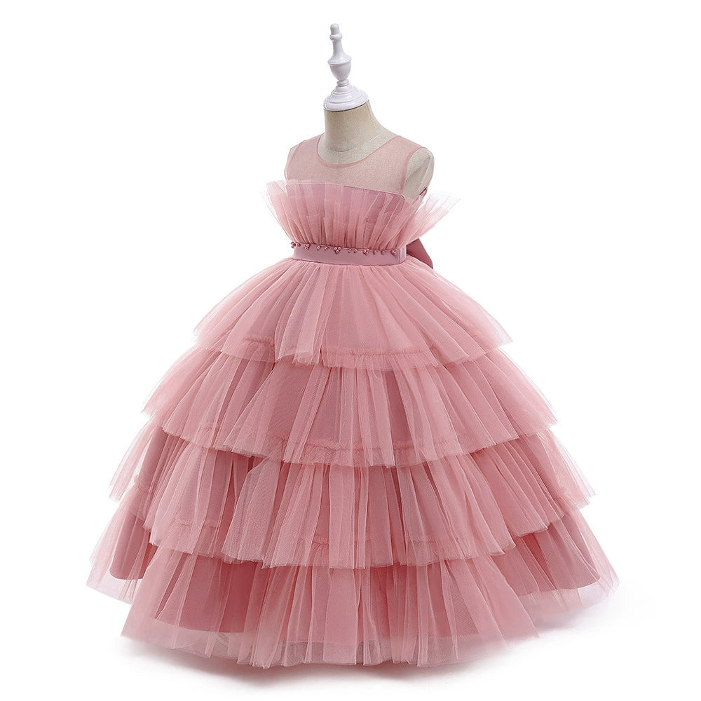 Princess Pink Tulle Back Zip Baptism Pleated Floor Length Sleeveless Round Flower Girl Dress