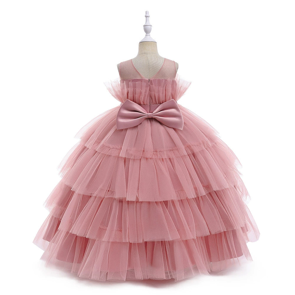 Princess Pink Tulle Back Zip Baptism Pleated Floor Length Sleeveless Round Flower Girl Dress