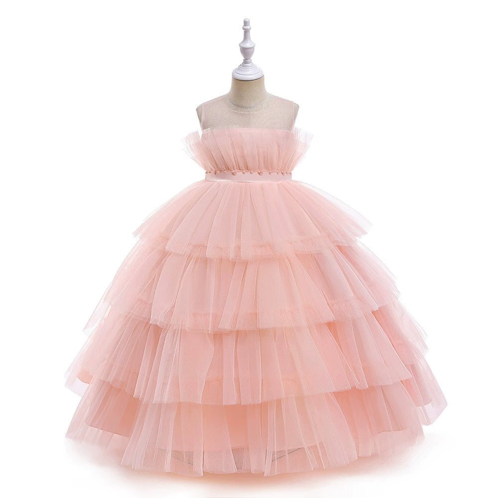 Princess Pink Tulle Back Zip Baptism Pleated Floor Length Sleeveless Round Flower Girl Dress