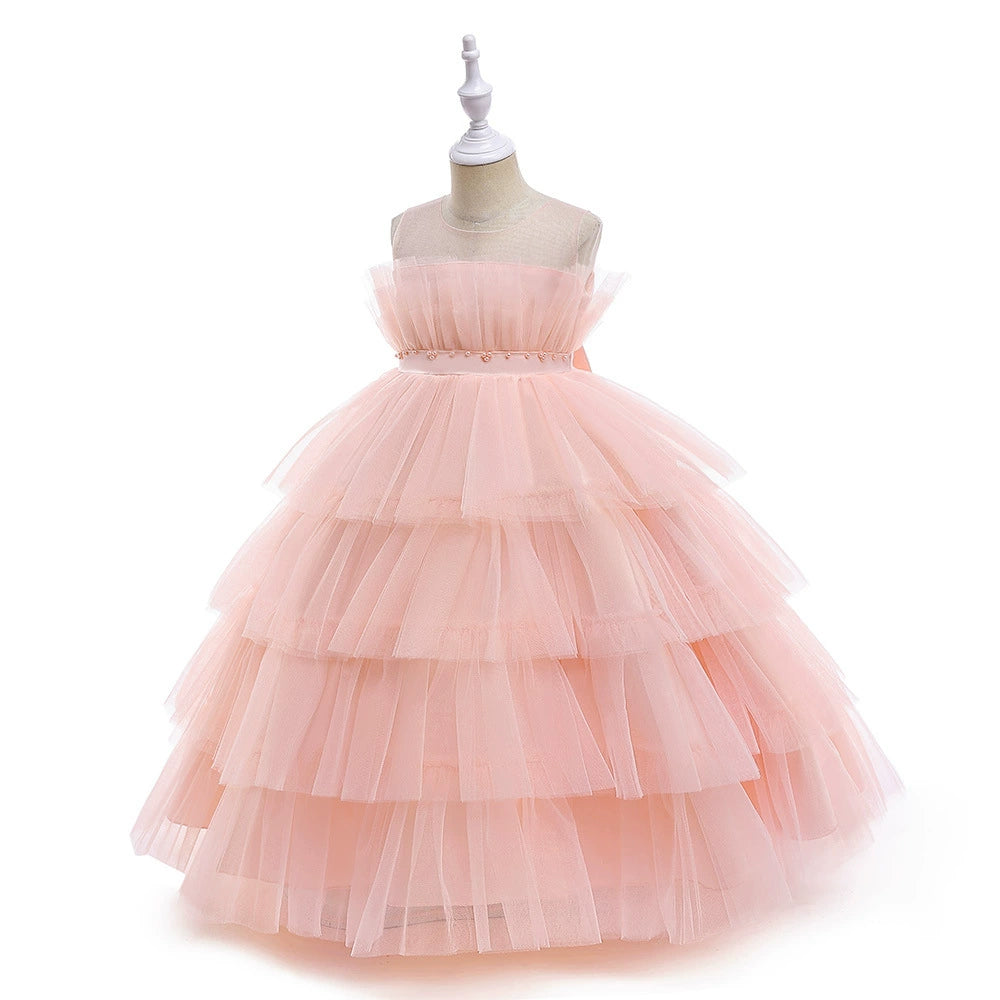 Princess Pink Tulle Back Zip Baptism Pleated Floor Length Sleeveless Round Flower Girl Dress