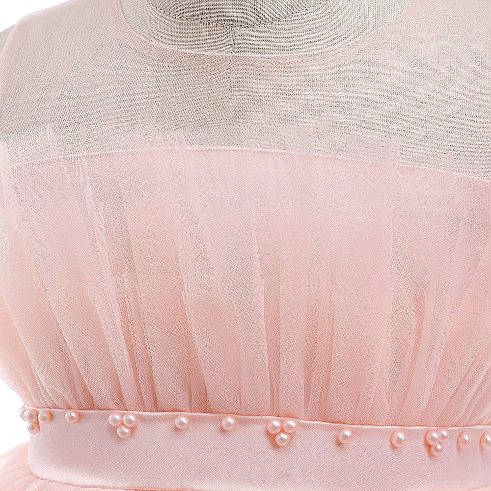 Princess Pink Tulle Back Zip Baptism Pleated Floor Length Sleeveless Round Flower Girl Dress