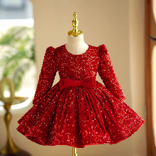 Princess Red Sequined Back Zip Baptism Sequins Tea Length Long Sleeve Round Flower Girl Dress