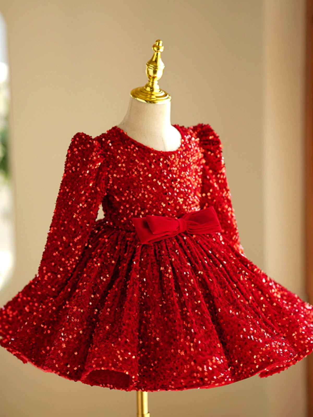 Princess Red Sequined Back Zip Baptism Sequins Tea Length Long Sleeve Round Flower Girl Dress