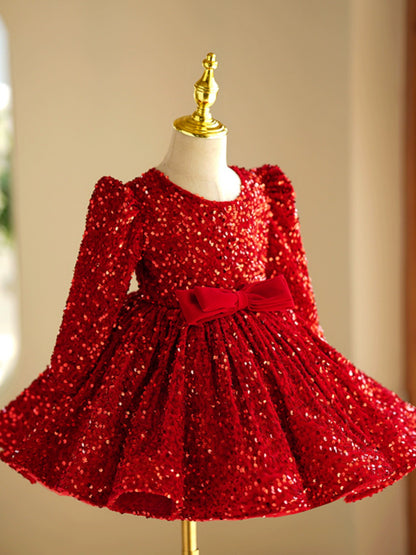 Princess Red Sequined Back Zip Baptism Sequins Tea Length Long Sleeve Round Flower Girl Dress
