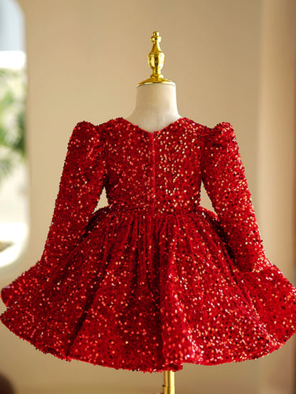 Princess Red Sequined Back Zip Baptism Sequins Tea Length Long Sleeve Round Flower Girl Dress