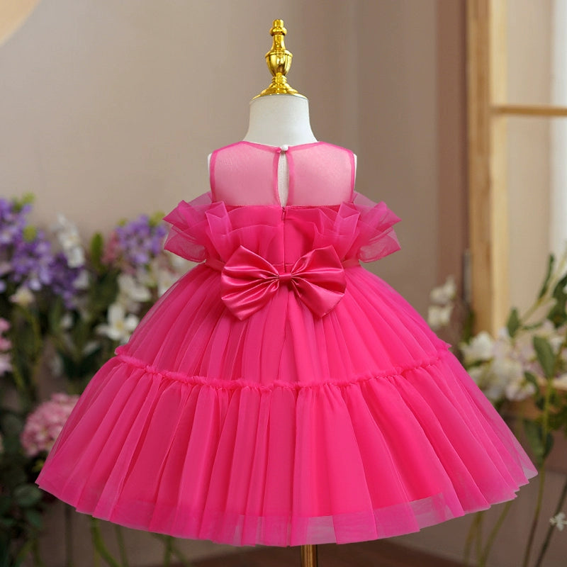 Princess Red Tulle Back Zip Baptism Bow(s) Tea Length Sleeveless Round Flower Girl Dress