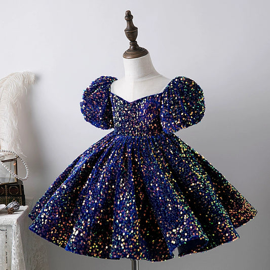 Princess Royal Blue Sequined Back Zip Baptism Sequins Tea Length Short Sleeve Puff Sleeve Round Flower Girl Dress