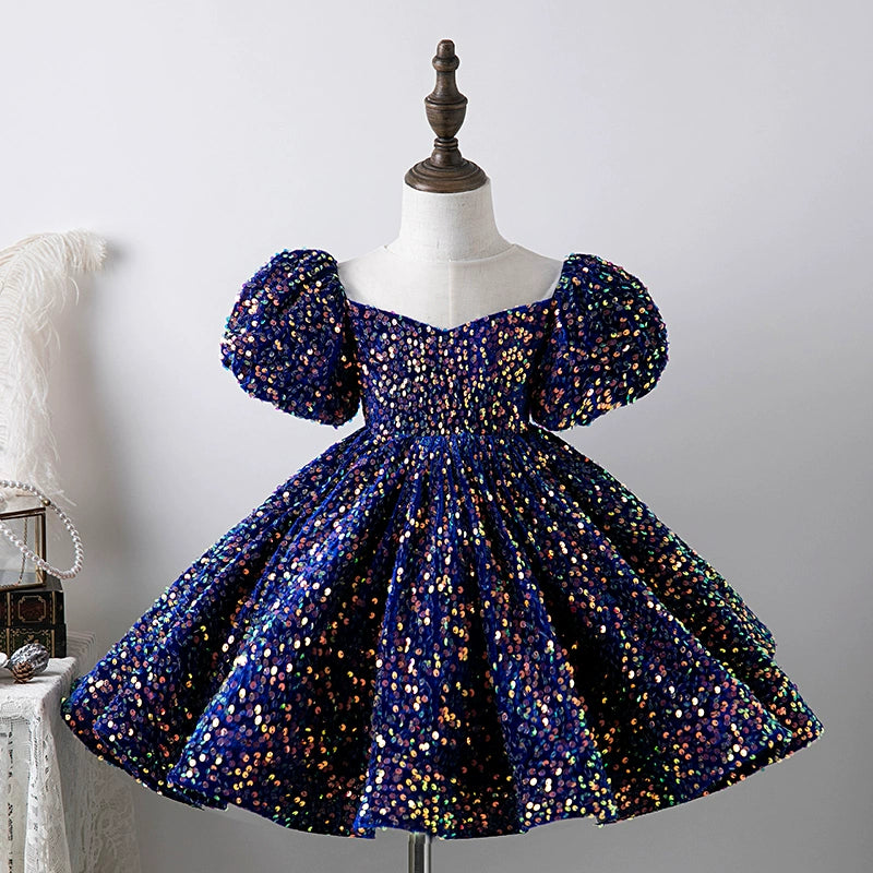 Princess Royal Blue Sequined Back Zip Baptism Sequins Tea Length Short Sleeve Puff Sleeve Round Flower Girl Dress