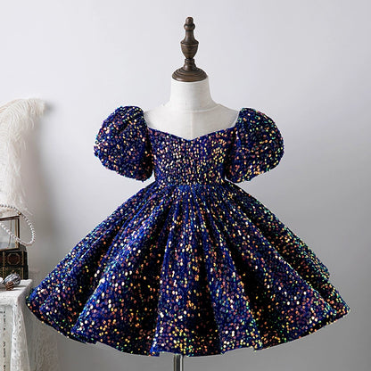 Princess Royal Blue Sequined Back Zip Baptism Sequins Tea Length Short Sleeve Puff Sleeve Round Flower Girl Dress